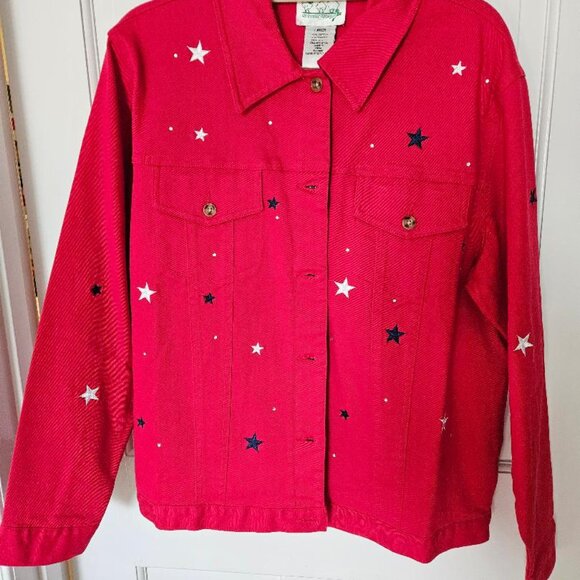 The Quaker Factory red denim blazer w white & blue stars (L) 25" long. - Picture 4 of 4